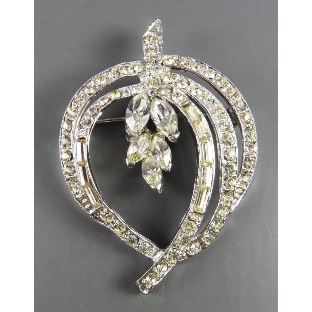 VTG Clear Rhinestone SQUASH BLOSSOM BROOCH PIN Baguettes/Navettes SILVER TONE